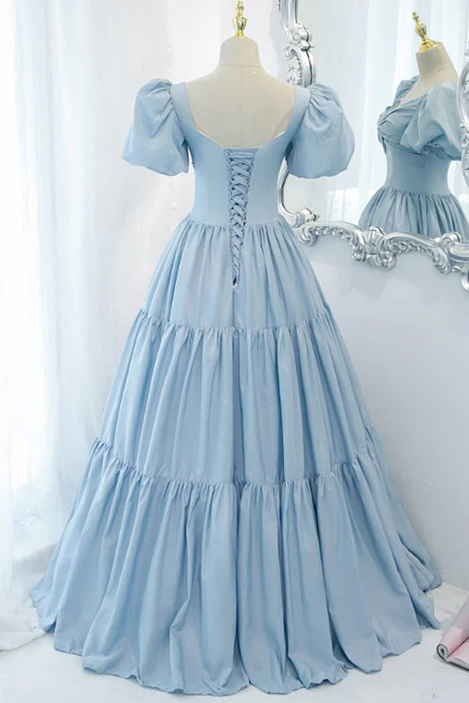 Weitese Light Blue A-line Long Formal Dress with Short Puff Sleeves Prom Dress Prom Dresses Stores